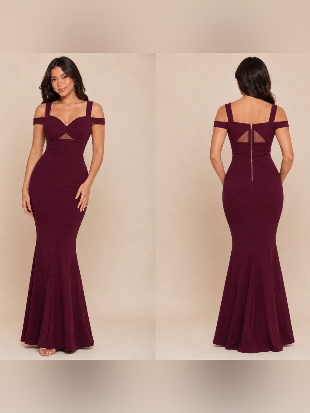 Emerald Sundae Women’s M Burgundy Mermaid Gown Mesh Cutout Dress New